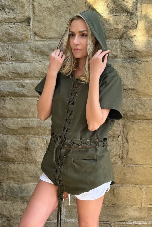 Unisex 2 Piece Convertible Olive Lace Hooded Tee & Dress